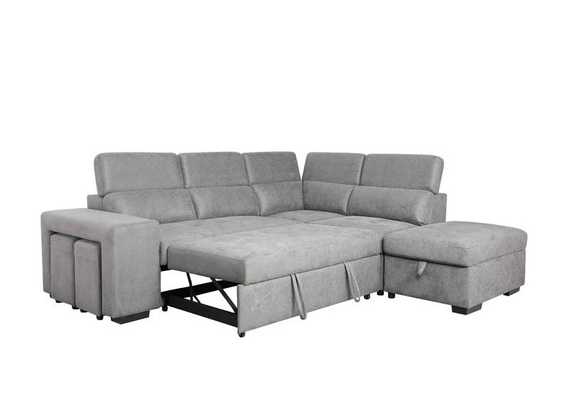 Suede Fabric Corner Sofa Bed with Ottoman and 2 Small Stools - Ajana